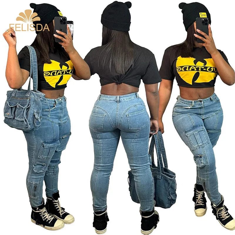 2024 Trend Retro Blue Casual Denim Jean Women High Stretch Skinny Jean Trousers Fashion Pocket Elastic Bottoms Cargo Pants