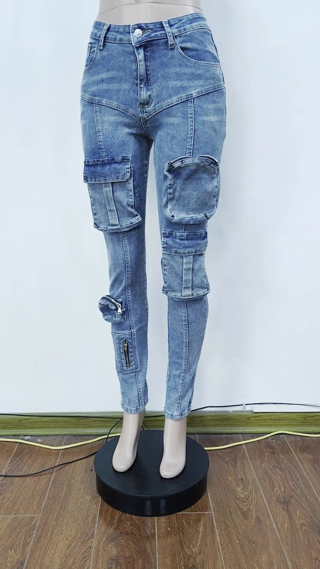 2024 Trend Retro Blue Casual Denim Jean Women High Stretch Skinny Jean Trousers Fashion Pocket Elastic Bottoms Cargo Pants