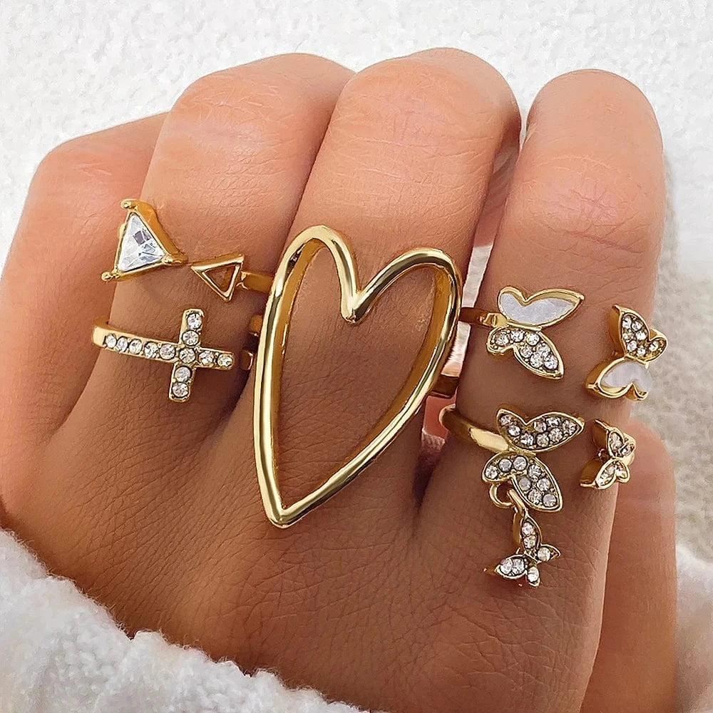2024 Trendy Geometric Crystal Heart Rings Set Gold Moon Butterfly Green Stone diamond Knuckle Finger Ring Women Jewelry Gift