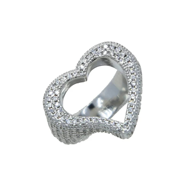2024 Valentine's Day Gift Fashion Jewelry Micro Pave CZ Full Paved Hollow Heart Ring For Women