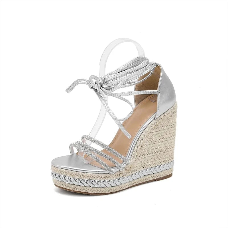 2024 wedge super high heel sandals straw straps fashionable open toe thick sole women's shoes
