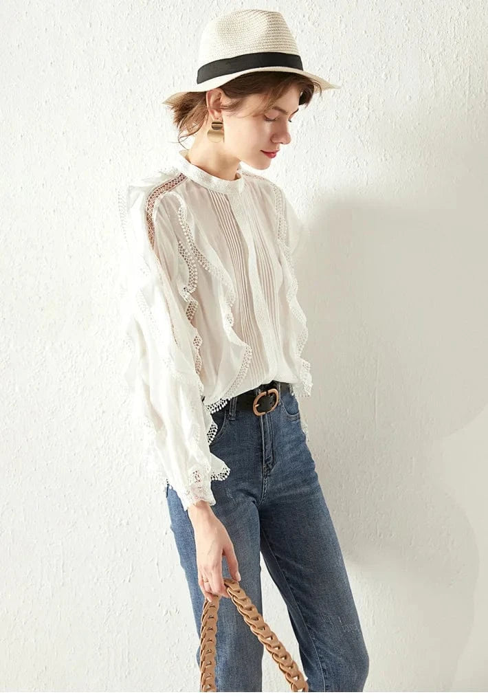 2024 White Vintage French Style Lady Elegant Ruffles Top Round Collar Long Sleeve Lace Patchwork Women Solid Blouse