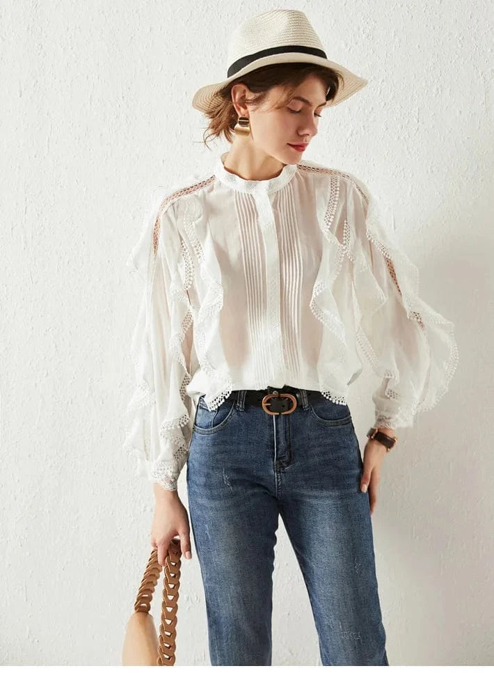 2024 White Vintage French Style Lady Elegant Ruffles Top Round Collar Long Sleeve Lace Patchwork Women Solid Blouse