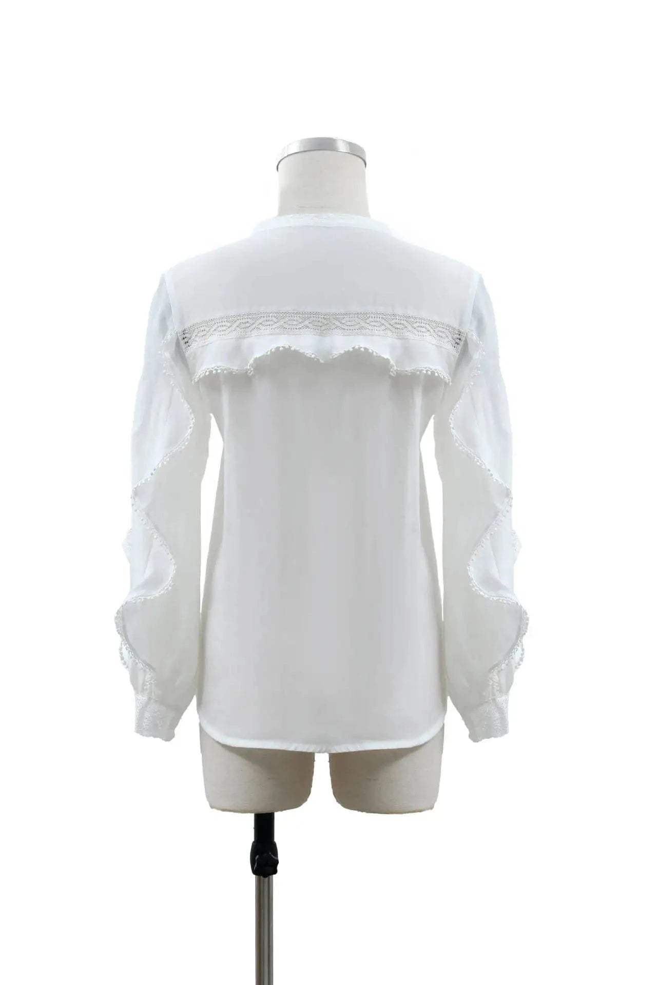 2024 White Vintage French Style Lady Elegant Ruffles Top Round Collar Long Sleeve Lace Patchwork Women Solid Blouse