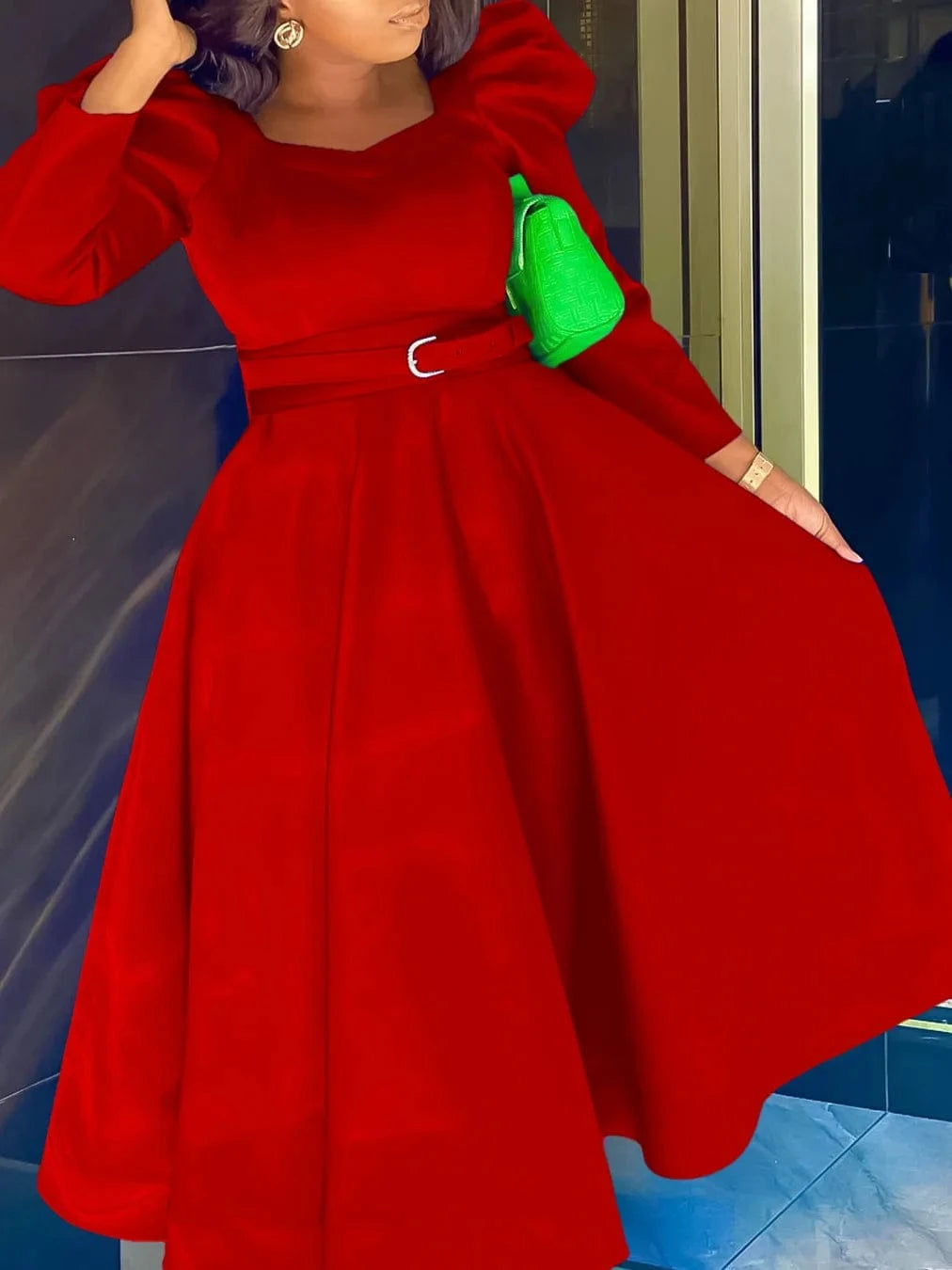 2024 Wholesale African women's clothing elegant long puff sleeve square neck solid color maxi plus size dresses