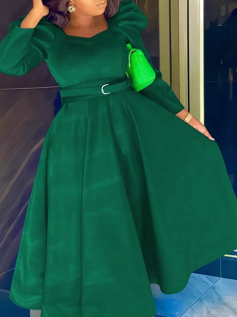 2024 Wholesale African women's clothing elegant long puff sleeve square neck solid color maxi plus size dresses