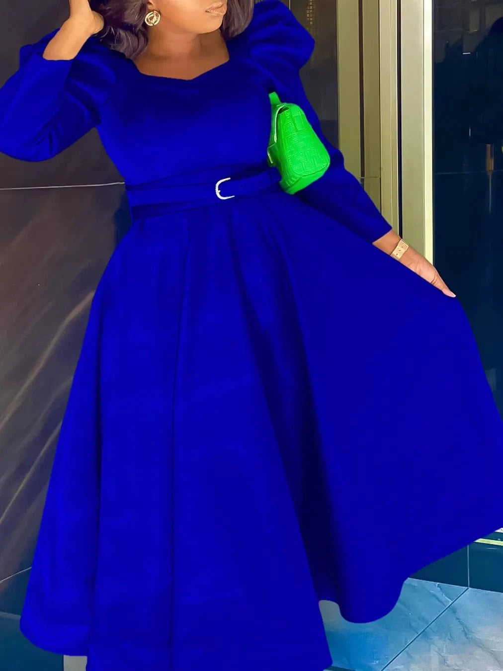 2024 Wholesale African women's clothing elegant long puff sleeve square neck solid color maxi plus size dresses
