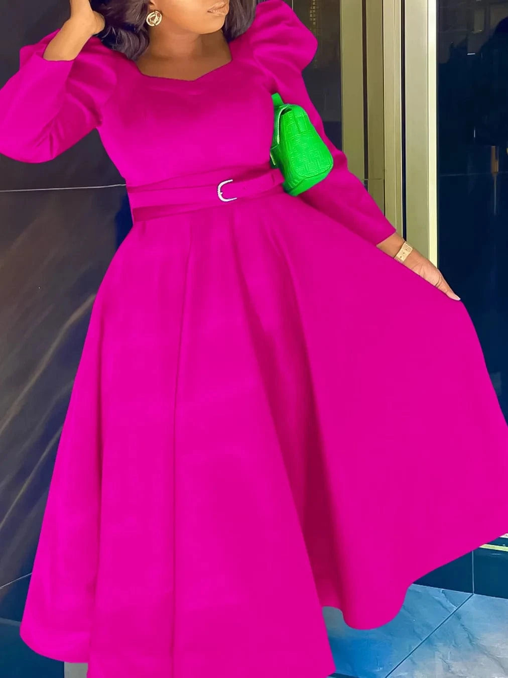 2024 Wholesale African women's clothing elegant long puff sleeve square neck solid color maxi plus size dresses