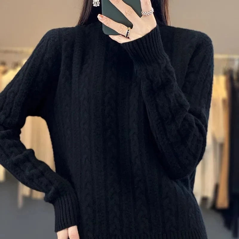 2024 winter best-selling high-quality fashion women's solid color semi-turtleneck long-sleeved loose knit pullover sweater