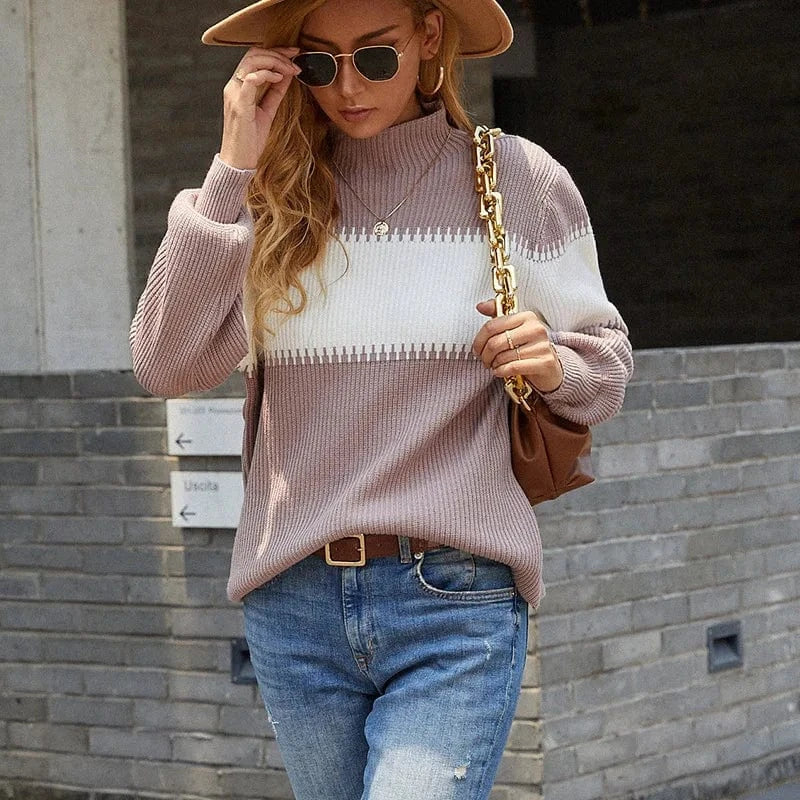 2024 Winter High-Neck Women New Stitched-Up Hit-Colored Sweater Lady Knitwear Clothing