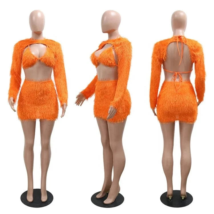 2024 Winter Long Sleeve Fluffy Plush Cut Out Backless Mini Dress Women Short Skirt + Bra + Cropped Coat 3 Piece Sets