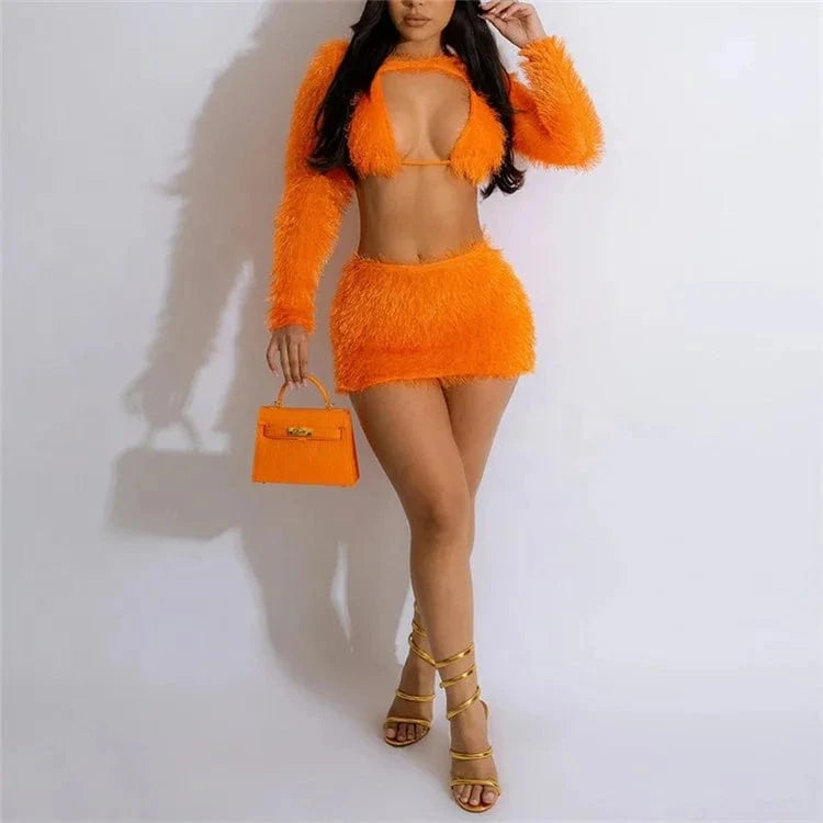 2024 Winter Long Sleeve Fluffy Plush Cut Out Backless Mini Dress Women Short Skirt + Bra + Cropped Coat 3 Piece Sets