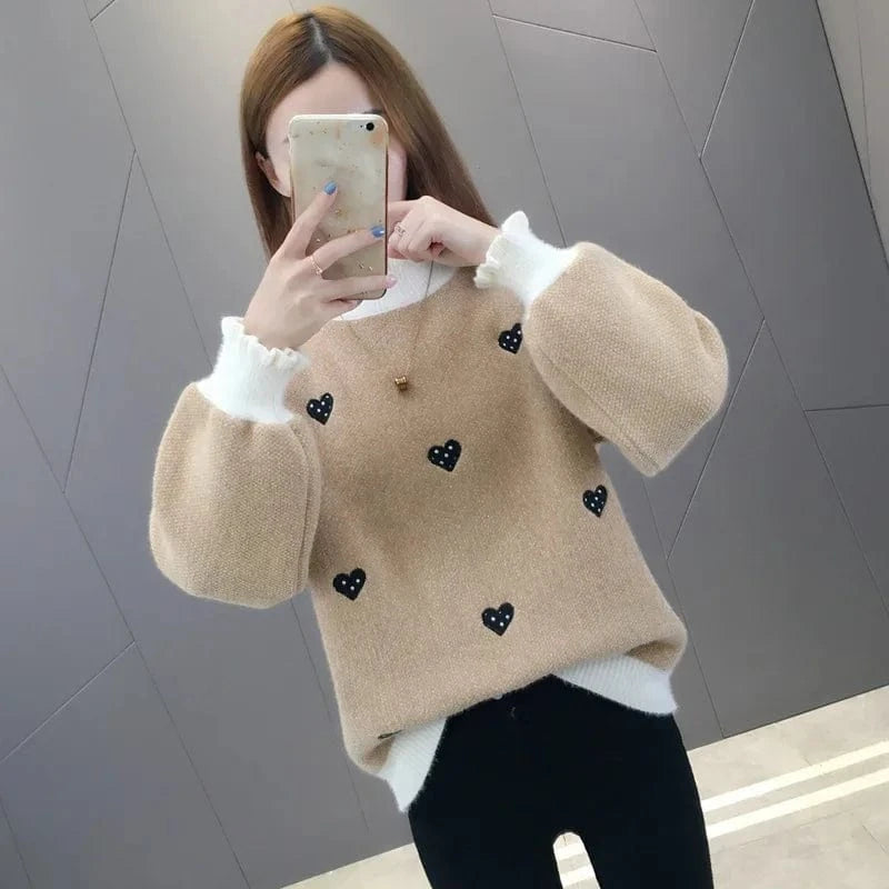2024 Winter New arrival Lovely girls middle high neck long sleeve loose fit heart shape embroidery chenille Sweater
