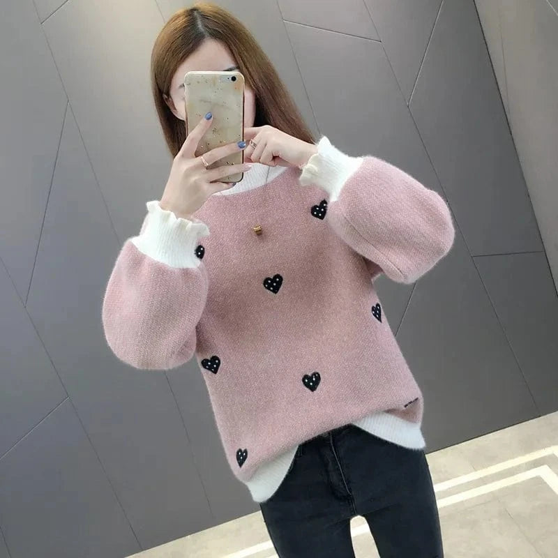 2024 Winter New arrival Lovely girls middle high neck long sleeve loose fit heart shape embroidery chenille Sweater