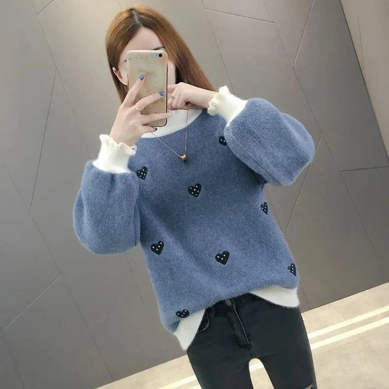 2024 Winter New arrival Lovely girls middle high neck long sleeve loose fit heart shape embroidery chenille Sweater