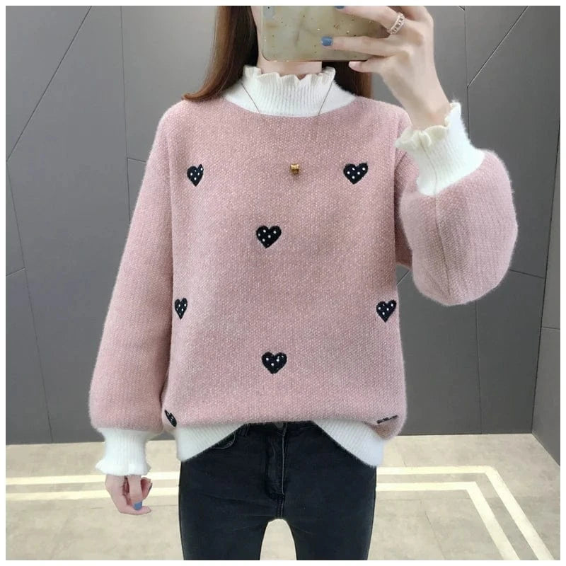 2024 Winter New arrival Lovely girls middle high neck long sleeve loose fit heart shape embroidery chenille Sweater