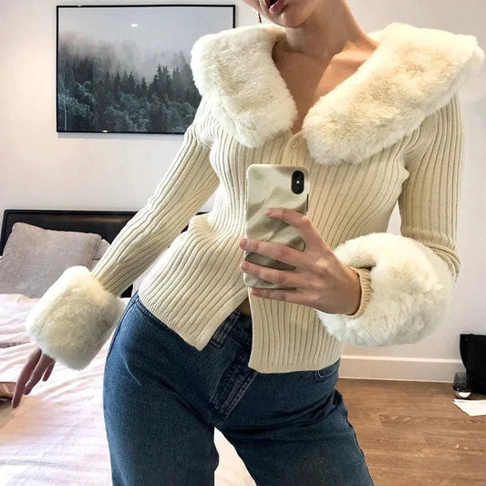 2024 winter new long sleeve top sexy wool collar knitted solid color cardigan