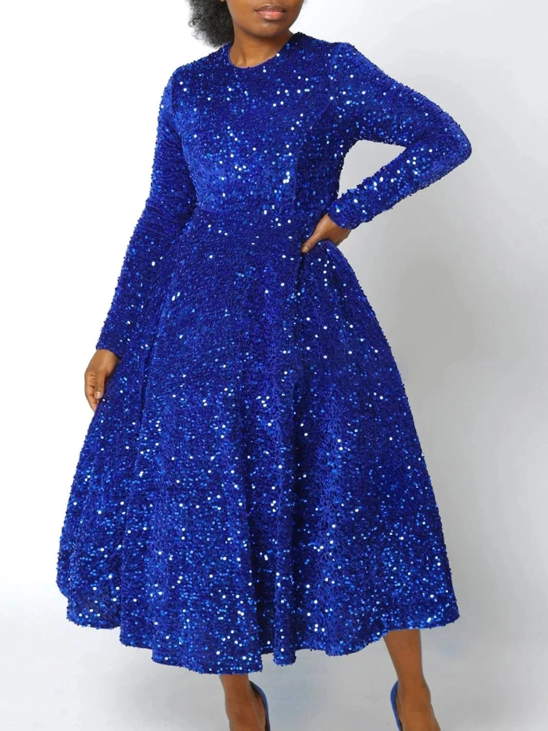 2024 Winter new round neck long-sleeved loose elegant dress S-XXXL plus size solid color sequin Plus Size dress
