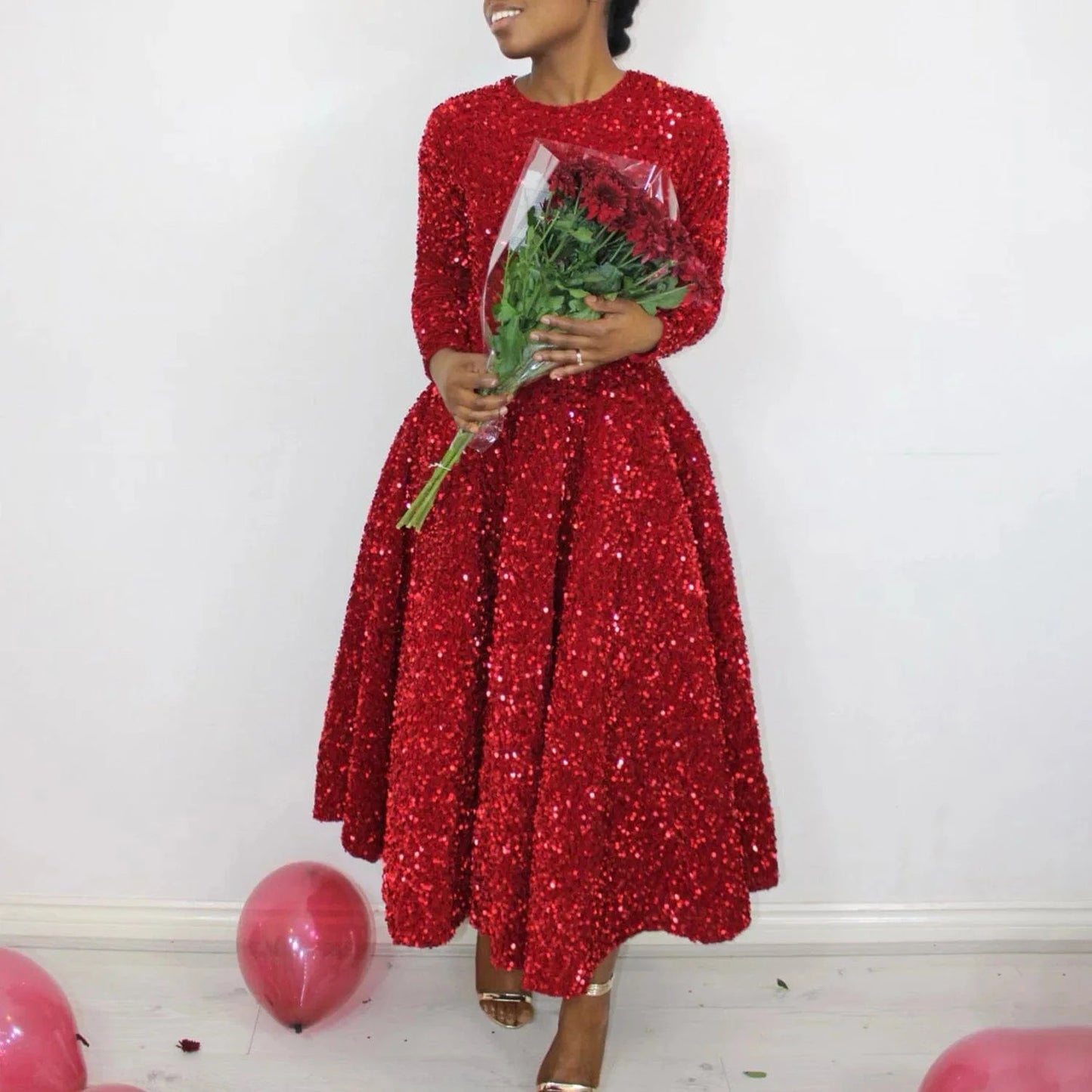 2024 Winter new round neck long-sleeved loose elegant dress S-XXXL plus size solid color sequin Plus Size dress