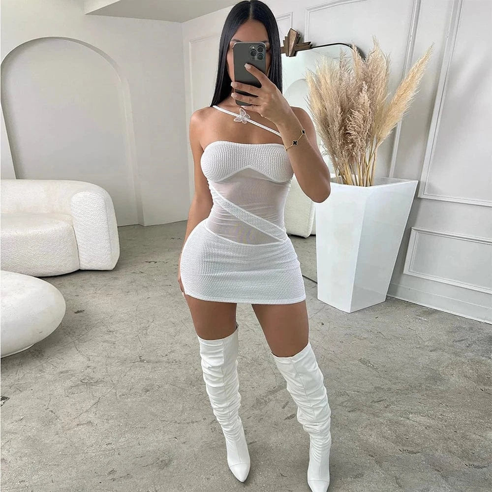 2024 woman summer mesh sheer sexy mature mini see trough dress for women modest