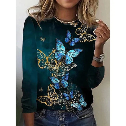 2024 women clothing New Casual temperament butterfly round neck long sleeve top sweater t shirt