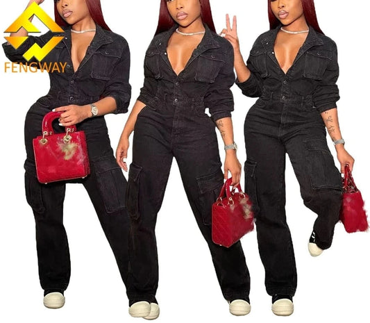 2024 Women Denim Jumpsuits Black Long Sleeve Pocket Front Turn-down Collar Wide Leg Jean Fashion One Piece Jumpsuits