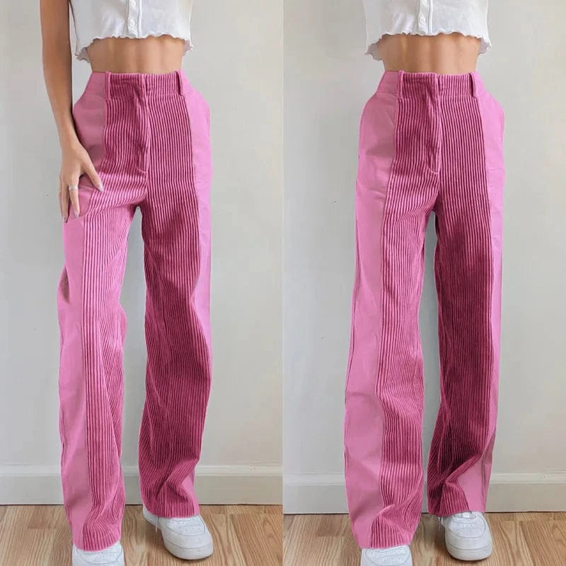 2024 Women Fashion Plus Size High-waist Patched Cordur Trousers Women's Casual Straight Long Pants