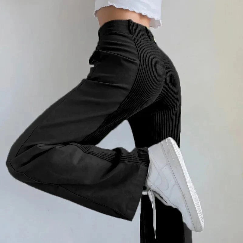 2024 Women Fashion Plus Size High-waist Patched Cordur Trousers Women's Casual Straight Long Pants
