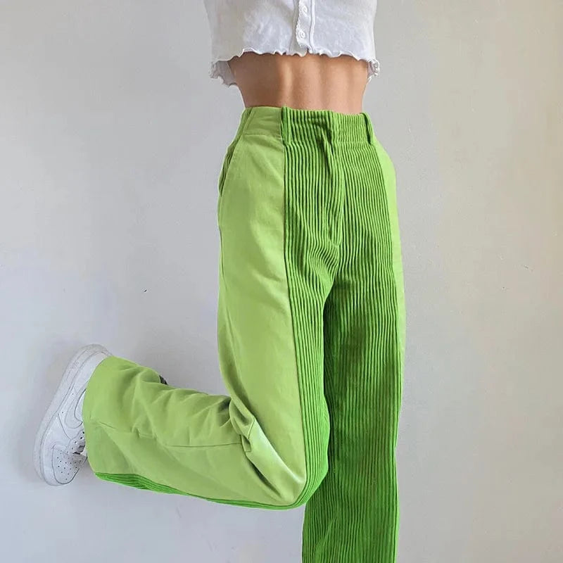 2024 Women Fashion Plus Size High-waist Patched Cordur Trousers Women's Casual Straight Long Pants