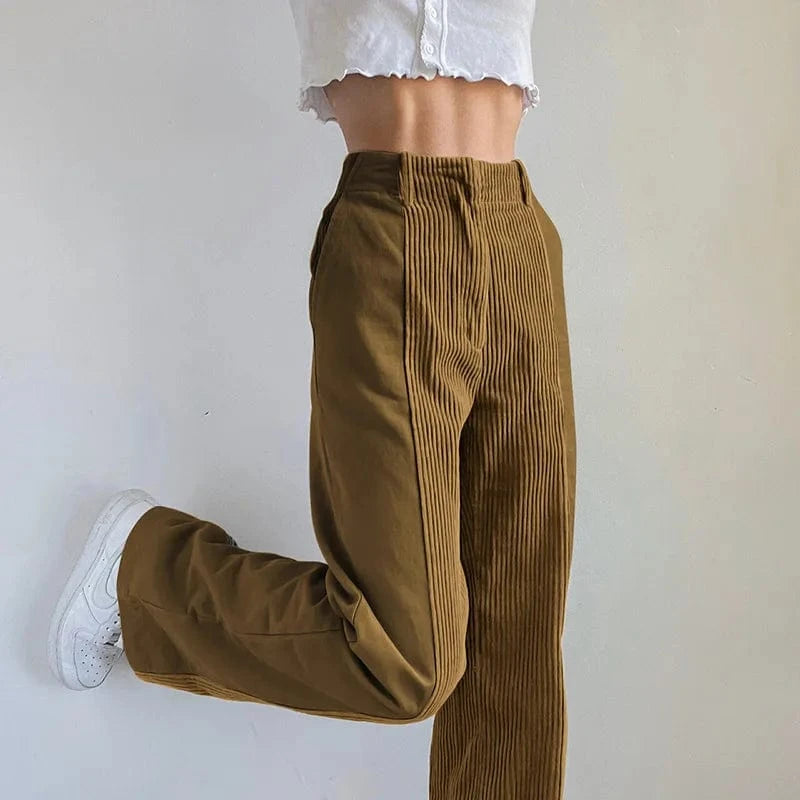 2024 Women Fashion Plus Size High-waist Patched Cordur Trousers Women's Casual Straight Long Pants
