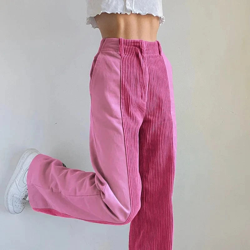 2024 Women Fashion Plus Size High-waist Patched Cordur Trousers Women's Casual Straight Long Pants