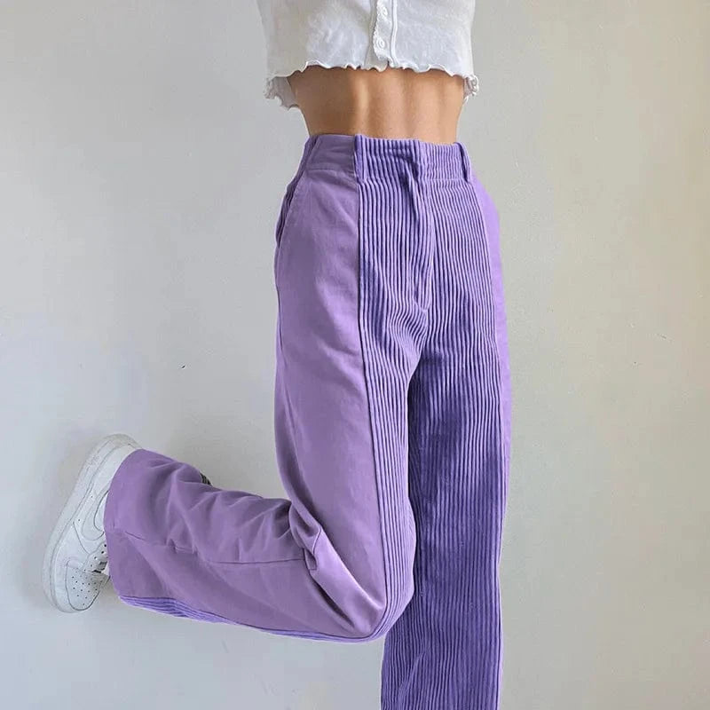 2024 Women Fashion Plus Size High-waist Patched Cordur Trousers Women's Casual Straight Long Pants