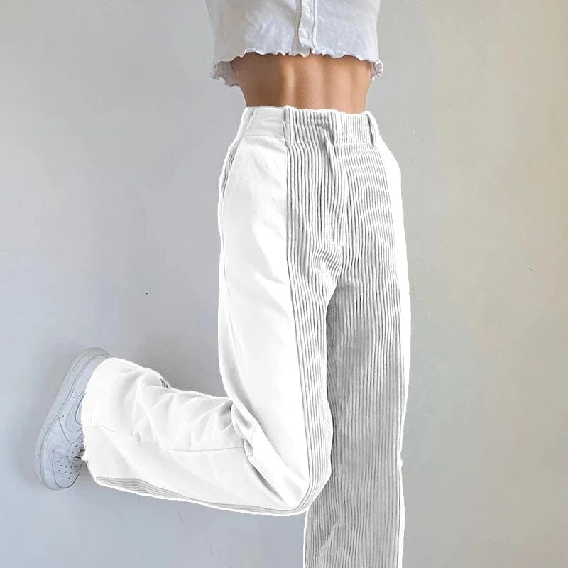 2024 Women Fashion Plus Size High-waist Patched Cordur Trousers Women's Casual Straight Long Pants