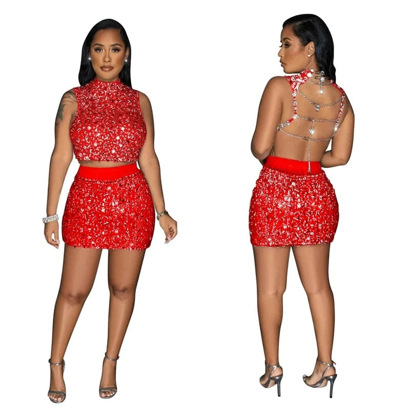 2024 women ladies chic elegant heavy rhinestone crystal beaded 2 piece crop top and mini skirt set evening gown dress for women