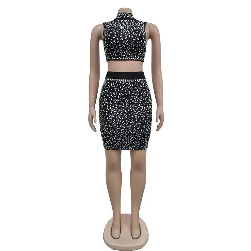 2024 women ladies chic elegant heavy rhinestone crystal beaded 2 piece crop top and mini skirt set evening gown dress for women