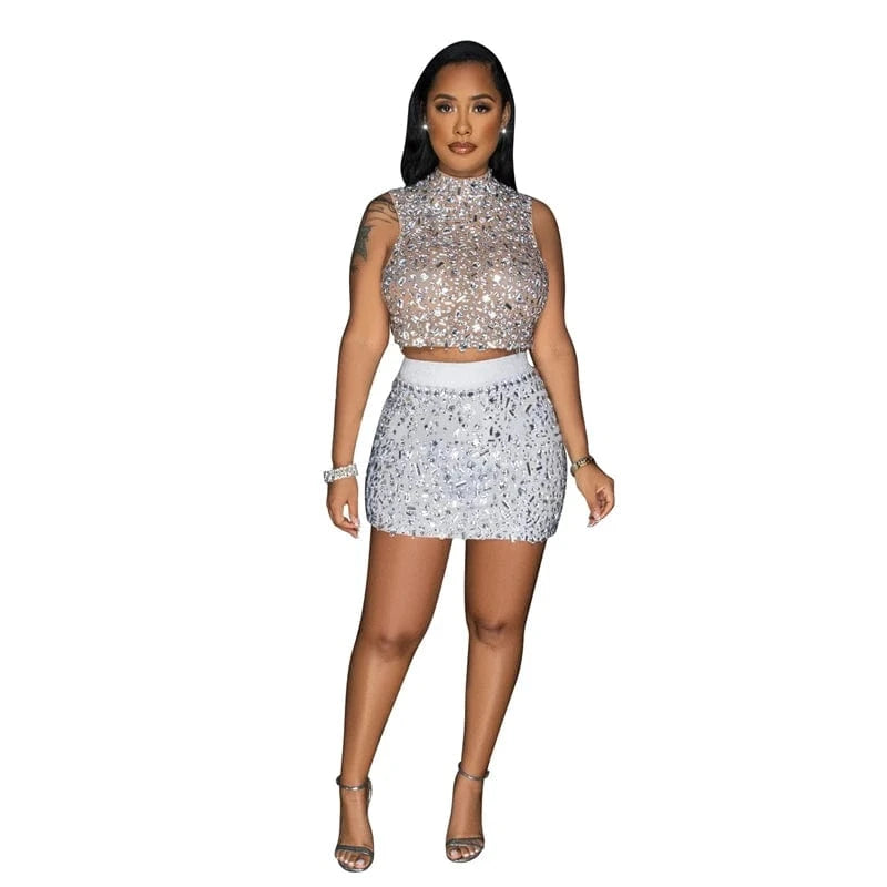 2024 women ladies chic elegant heavy rhinestone crystal beaded 2 piece crop top and mini skirt set evening gown dress for women