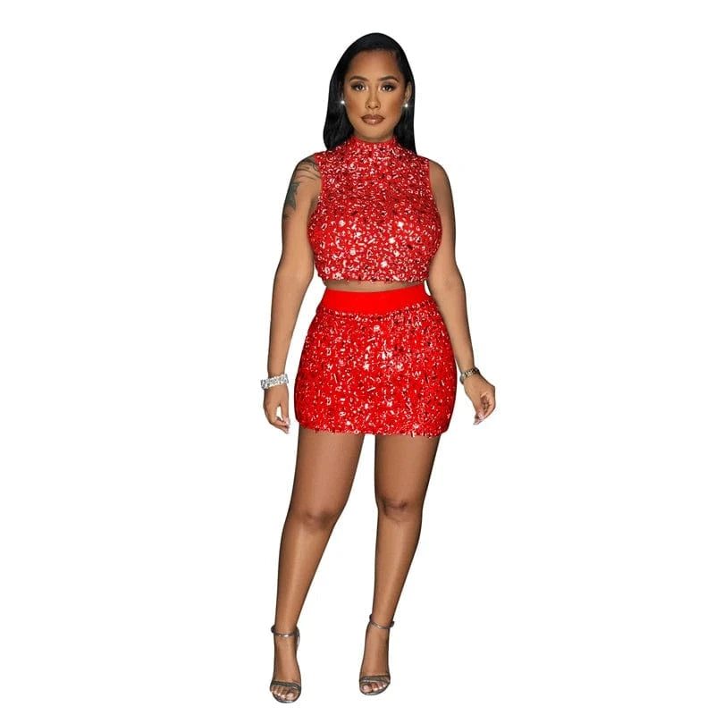 2024 women ladies chic elegant heavy rhinestone crystal beaded 2 piece crop top and mini skirt set evening gown dress for women