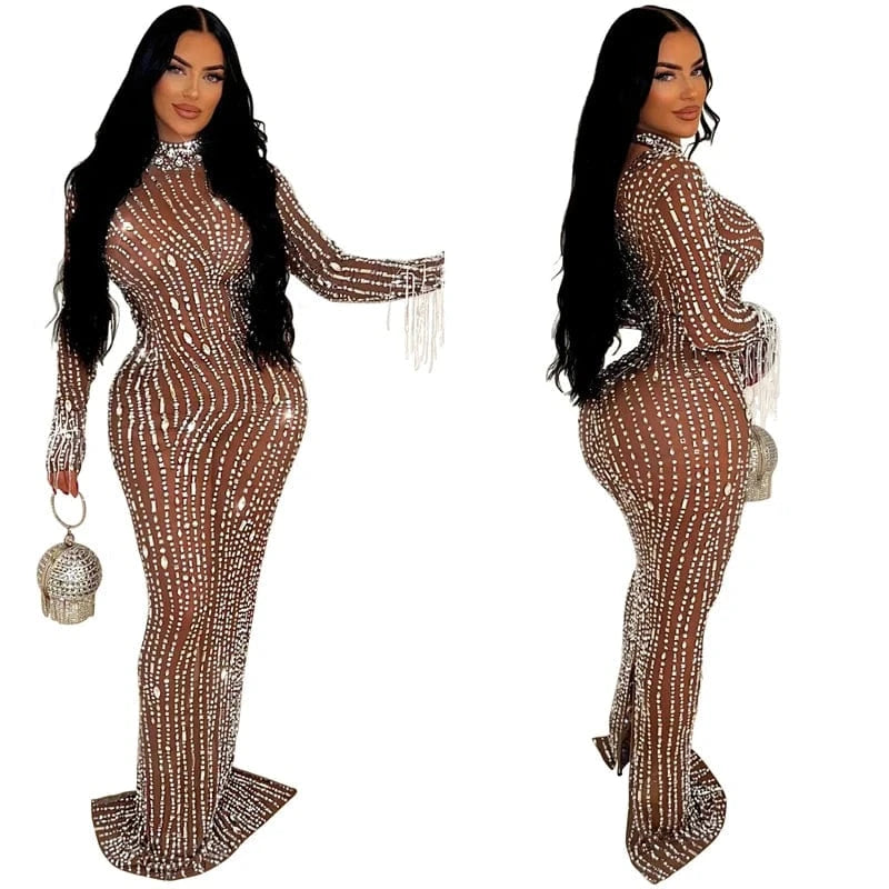 2024 women lady mesh sheer sexy long sleeve heavy beaded rhinestone crystal appliqued maxi long Evening gown Dress with glitter