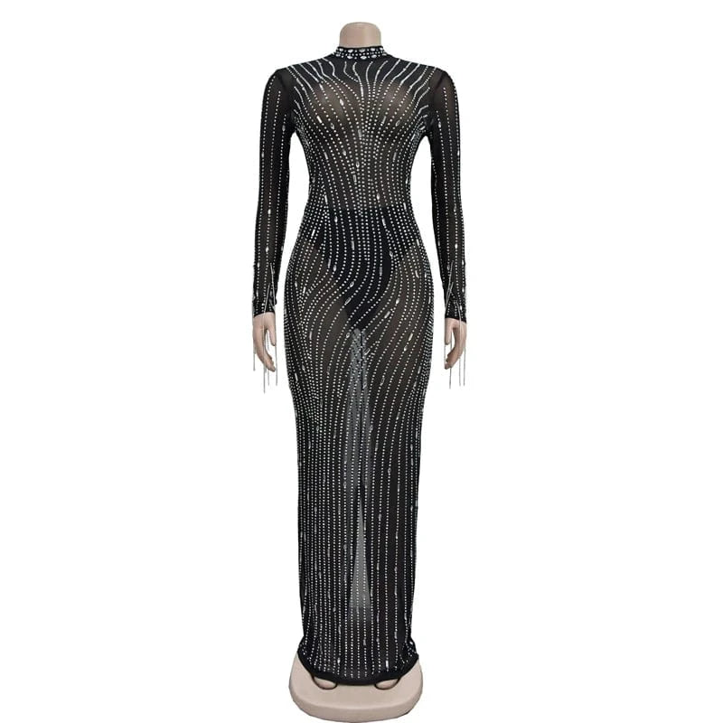 2024 women lady mesh sheer sexy long sleeve heavy beaded rhinestone crystal appliqued maxi long Evening gown Dress with glitter