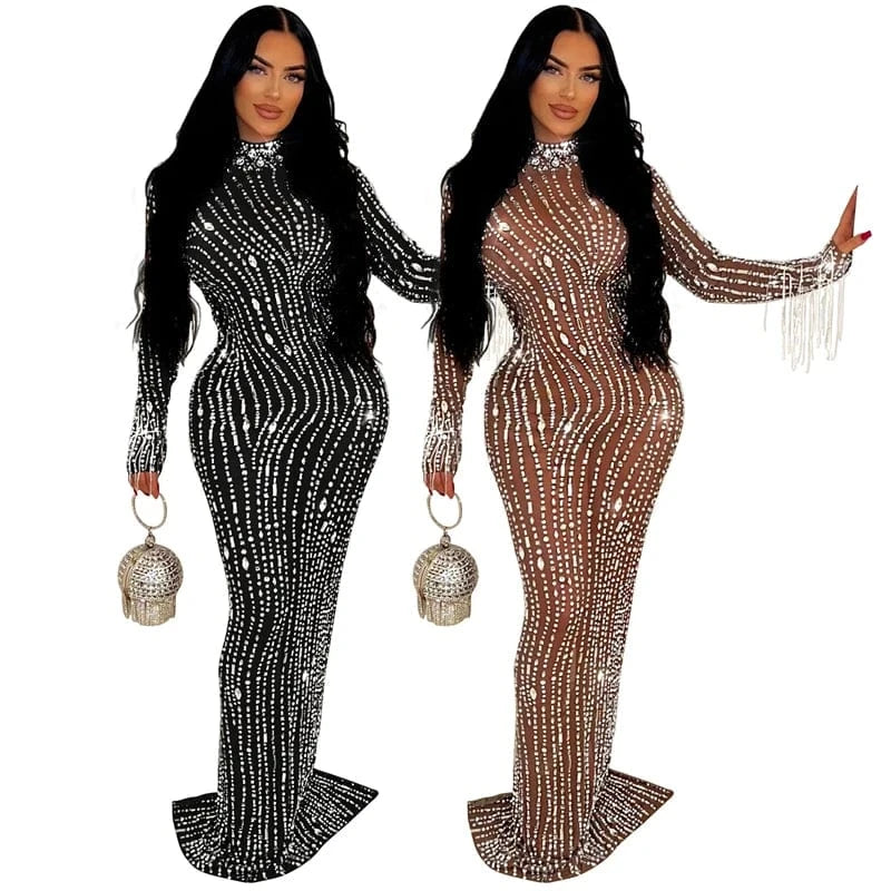 2024 women lady mesh sheer sexy long sleeve heavy beaded rhinestone crystal appliqued maxi long Evening gown Dress with glitter
