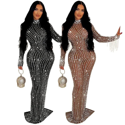 2024 women lady mesh sheer sexy long sleeve heavy beaded rhinestone crystal appliqued maxi long Evening gown Dress with glitter