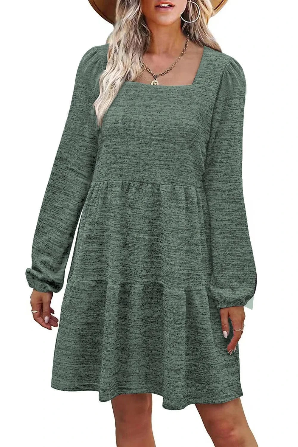 2024 Women Long Sleeve Dress Europe New Fashion Lady  Spring Autumn Patchwork  Square Collar Casual Midi A-line Dress