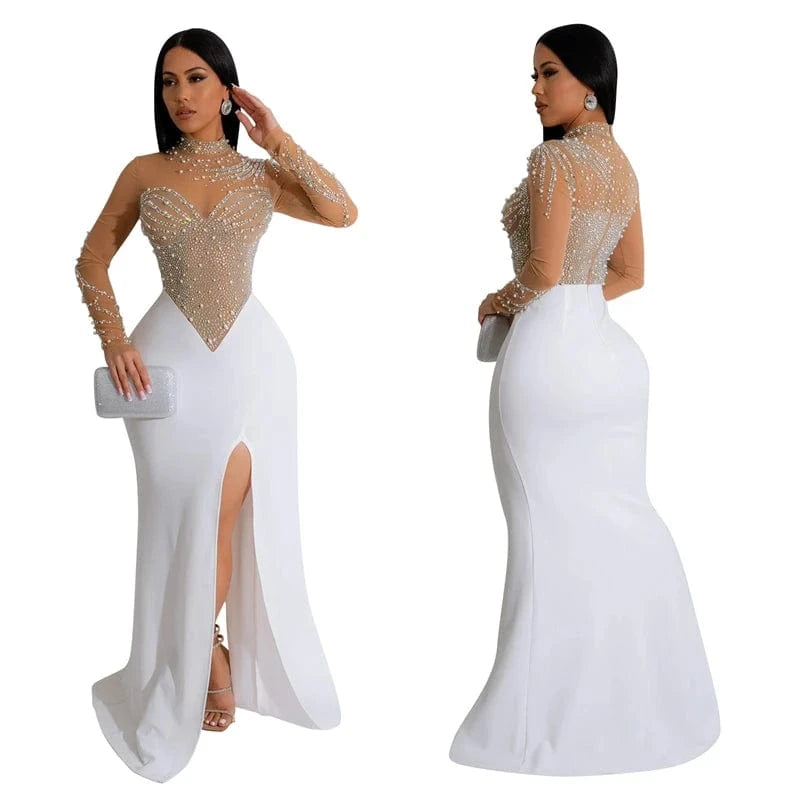 2024 women rhinestone bead pearls crystal red formal turtleneck high front slit maxi long wedding evening gown dress with slit