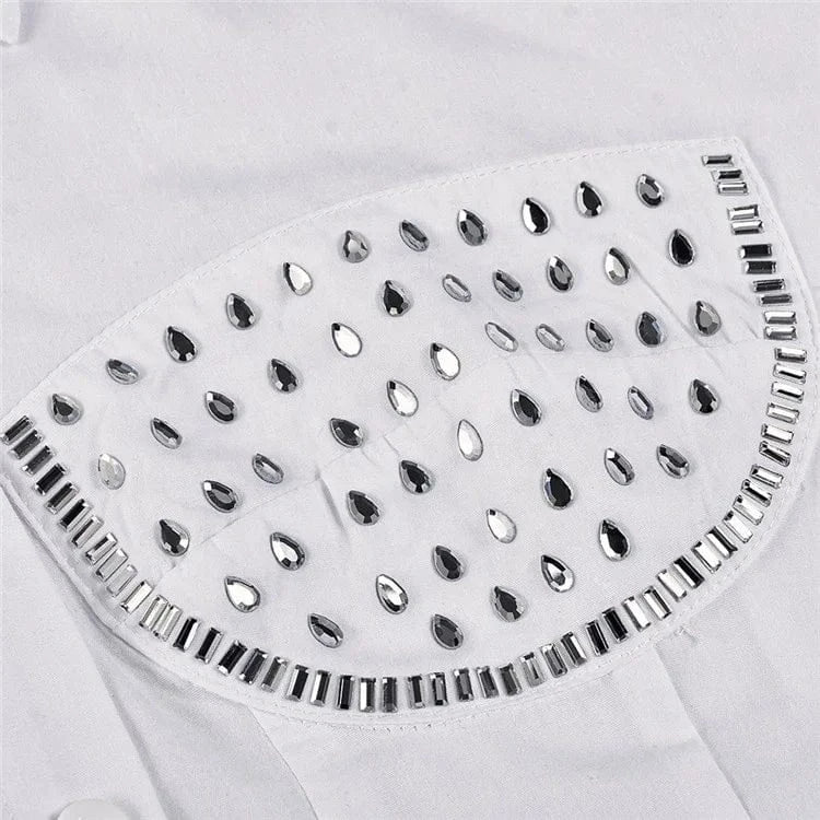 2024 Women Rhinestone Pocket Button up Shirts for Women Long Sleeve Shirts and Blouses Woman