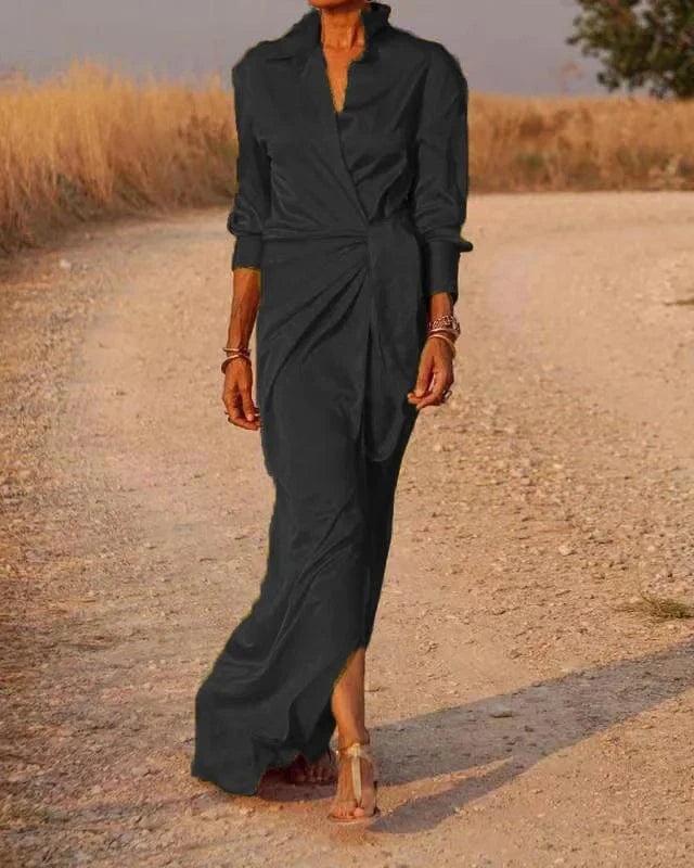 2024 Women's Clothing Ladies Lace -up High Waist Split Mopping Dress Long -sleeved Lapel Sexy Dress