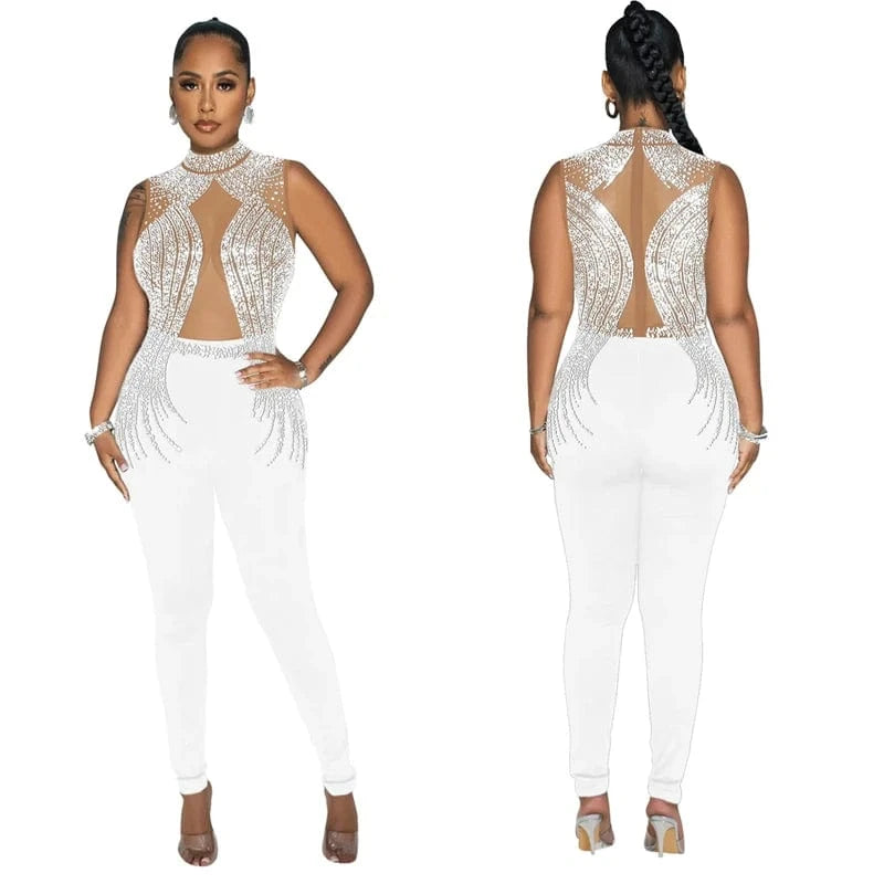 2024 women's elegant sexy chic black rhinestone crystal bead diamond wedding evening pants jumpsuit overall romper for ladies