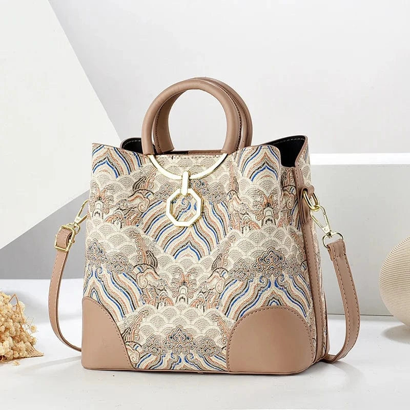 2024 Women's Large Capacity Printed Bucket Bag New Chinese Style Crossbody Tote Atmospheric Handbag Delivery Included Polyester