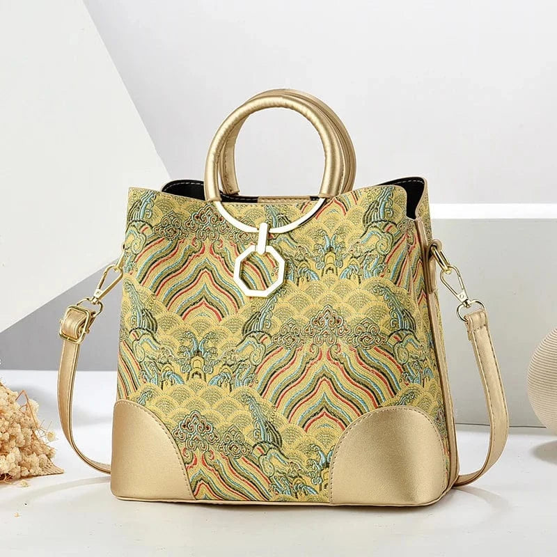 2024 Women's Large Capacity Printed Bucket Bag New Chinese Style Crossbody Tote Atmospheric Handbag Delivery Included Polyester