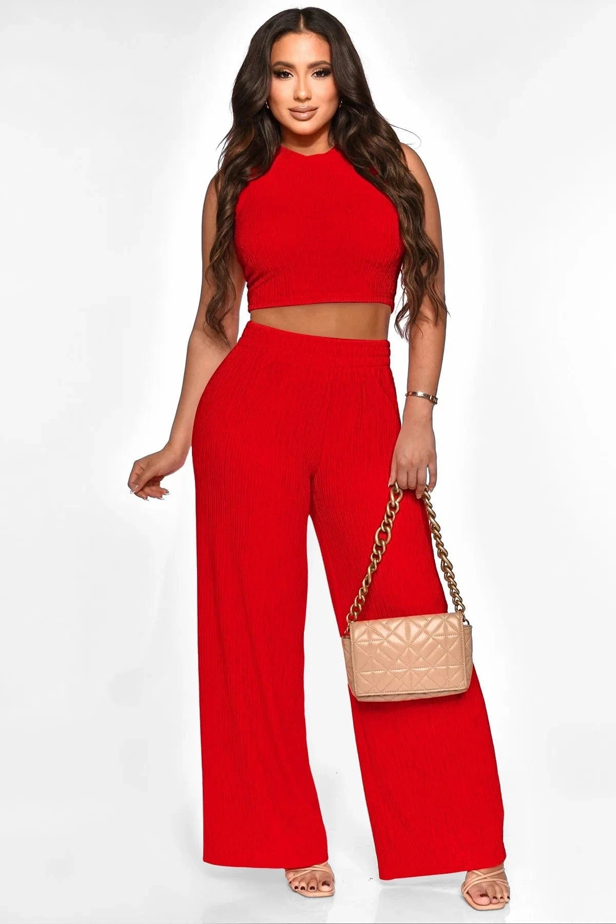 2024 Women's Two Piece Set Outfit Tank top wide leg pants stretch fabric casual suit