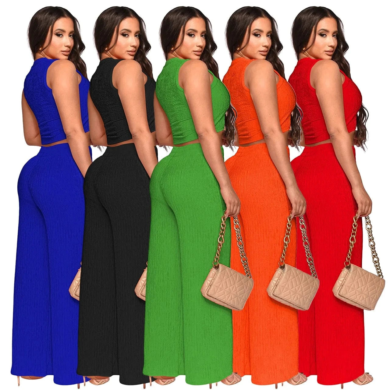 2024 Women's Two Piece Set Outfit Tank top wide leg pants stretch fabric casual suit